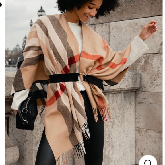 V. FRAAS German Made Camel Plaid Woven Fringe Acrylic Ruana Shawl Wrap- One Size - Picture 3 of 8